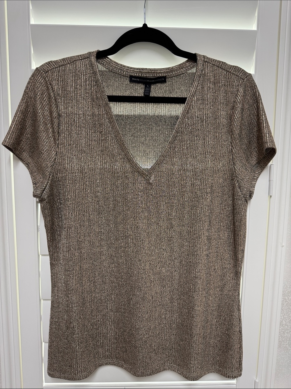 White House Black Market Shimmery Taupe Short-Sleeve V-Neck Top